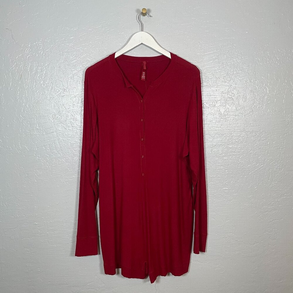 Skims Women Plus Size 4X Red Ribbed Romper Long Sleeve Henley Shorts Loungewear